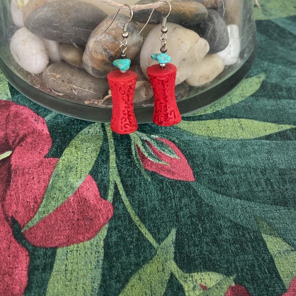 Cinnabar Vintage Red and Turquoise Earrings - Picture 4 of 9
